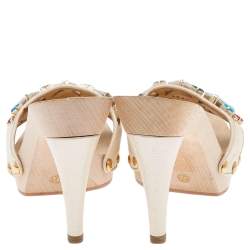 Pre Owned Casadei Cream Leather Crystal Embellished Sandals Size 37.5