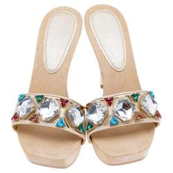 Pre Owned Casadei Cream Leather Crystal Embellished Sandals Size 37.5