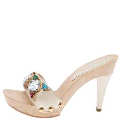 Pre Owned Casadei Cream Leather Crystal Embellished Sandals Size 37.5