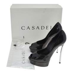 Pre Owned Casadei Black Glitter Patent Leather Platform Peep Toe Pumps Size 37