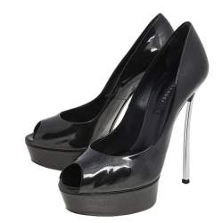 Pre Owned Casadei Black Glitter Patent Leather Platform Peep Toe Pumps Size 37