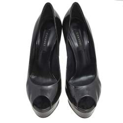 Pre Owned Casadei Black Glitter Patent Leather Platform Peep Toe Pumps Size 37