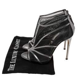 Casadei Metallic Grey/Black Leather and Mesh Open-Toe Ankle Booties Size 38