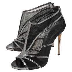 Casadei Metallic Grey/Black Leather and Mesh Open-Toe Ankle Booties Size 38