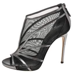Casadei Metallic Grey/Black Leather and Mesh Open-Toe Ankle Booties Size 38