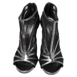 Casadei Metallic Grey/Black Leather and Mesh Open-Toe Ankle Booties Size 38