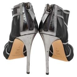 Casadei Metallic Grey/Black Leather and Mesh Open-Toe Ankle Booties Size 38