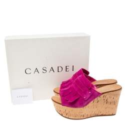 Casadei Pink Suede Tassel Open Toe Cork Platform Wedge Sandals Size 38