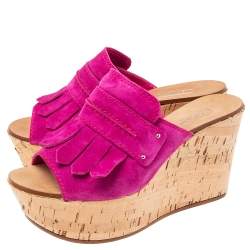 Casadei Pink Suede Tassel Open Toe Cork Platform Wedge Sandals Size 38