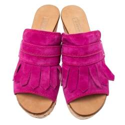 Casadei Pink Suede Tassel Open Toe Cork Platform Wedge Sandals Size 38