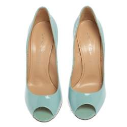 Pre Owned Casadei Blue Patent Leather Peep Toe Pumps Size 39