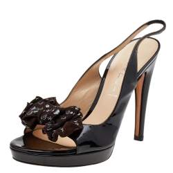 Casadei Brown Patent Leather Bow Slingback Sandals Size 38