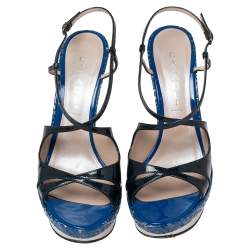 Pre Owned Casadei Navy Blue Patent Leather Laser-Cut Platform Strappy Sandals Size 41