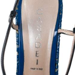 Pre Owned Casadei Navy Blue Patent Leather Laser-Cut Platform Strappy Sandals Size 41