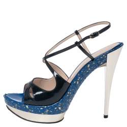 Pre Owned Casadei Navy Blue Patent Leather Laser-Cut Platform Strappy Sandals Size 41