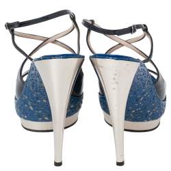 Pre Owned Casadei Navy Blue Patent Leather Laser-Cut Platform Strappy Sandals Size 41