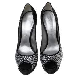 Casadei Black Studded Satin Peep-Toe Platform Pumps Size 40.5