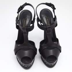 Pre Owned Casadei Black Leather T-Strap Platform Sandals Size 35