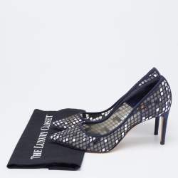 Pre Owned Casadei Navy Blue  Mesh And Suede Pointed Toe Pumps Size 38.5