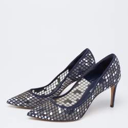 Pre Owned Casadei Navy Blue  Mesh And Suede Pointed Toe Pumps Size 38.5