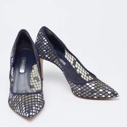 Pre Owned Casadei Navy Blue  Mesh And Suede Pointed Toe Pumps Size 38.5