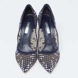 Pre Owned Casadei Navy Blue  Mesh And Suede Pointed Toe Pumps Size 38.5