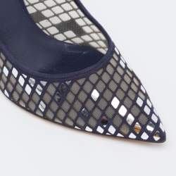 Pre Owned Casadei Navy Blue  Mesh And Suede Pointed Toe Pumps Size 38.5