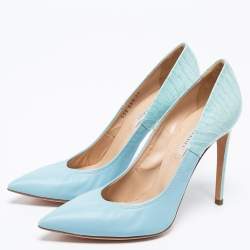 Casadei Blue Croc Embossed Patent And Leather Pointed Toe Pumps Size 39