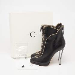 Pre Owned Casadei Black Leather Blade Lace Up Booties Size 39