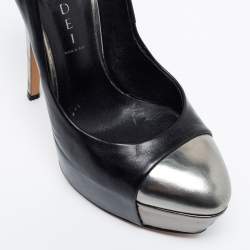 Pre Owned Casadei Black/Silver Leather Cap Toe Platform  Pumps Size 38