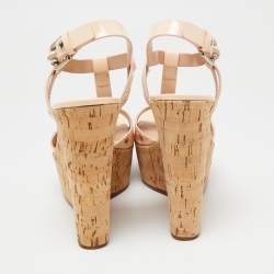Casadei Pale Pink Patent Leather Cork Wedge T Strap Sandals Size 41