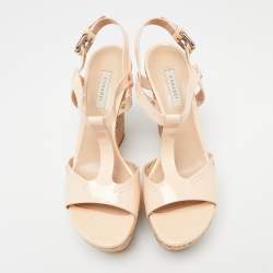 Casadei Pale Pink Patent Leather Cork Wedge T Strap Sandals Size 41