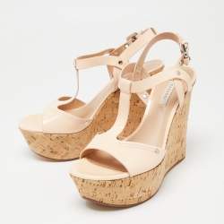 Casadei Pale Pink Patent Leather Cork Wedge T Strap Sandals Size 41