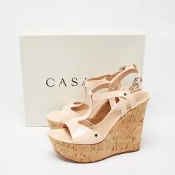 Casadei Pale Pink Patent Leather Cork Wedge T Strap Sandals Size 41