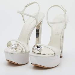 Pre Owned Casadei White Leather Crystal Embellished Ankle Strap Platform Sandals Size 40