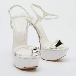 Pre Owned Casadei White Leather Crystal Embellished Ankle Strap Platform Sandals Size 40