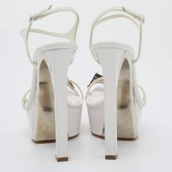 Pre Owned Casadei White Leather Crystal Embellished Ankle Strap Platform Sandals Size 40