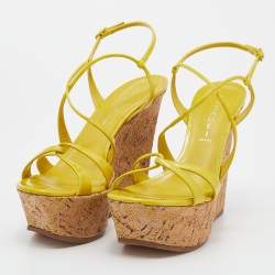 Pre Owned Casadei Yellow Patent Leather Platform Wedge Ankle Strap Sandals Size 40