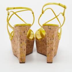 Pre Owned Casadei Yellow Patent Leather Platform Wedge Ankle Strap Sandals Size 40