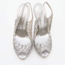 Pre Owned Casadei Metallic Grey Leather Platform Slingback Sandals Size 39