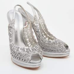 Pre Owned Casadei Metallic Grey Leather Platform Slingback Sandals Size 39