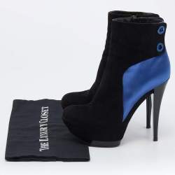 Casadei Black/Blue Suede And Satin Platform Ankle Boots Size 38