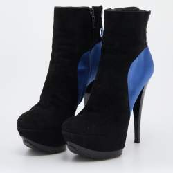 Casadei Black/Blue Suede And Satin Platform Ankle Boots Size 38