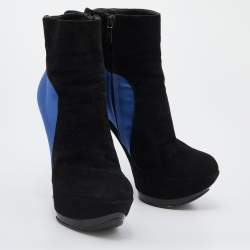 Casadei Black/Blue Suede And Satin Platform Ankle Boots Size 38