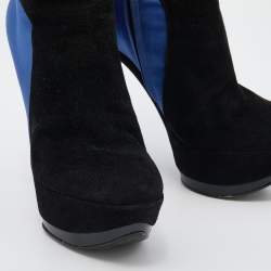 Casadei Black/Blue Suede And Satin Platform Ankle Boots Size 38