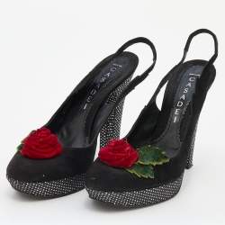 Casadei Black Suede Rose Platform Slingback Sandals Size 38