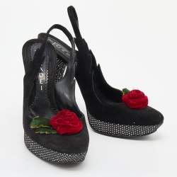 Casadei Black Suede Rose Platform Slingback Sandals Size 38