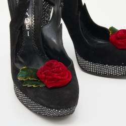 Casadei Black Suede Rose Platform Slingback Sandals Size 38