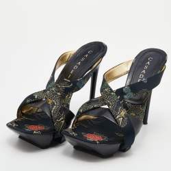 Pre Owned Casadei Multicolor Embroidered Satin And Leather Leather Strappy Platform Open Toe Sandals Size 37.5