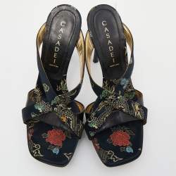 Pre Owned Casadei Multicolor Embroidered Satin And Leather Leather Strappy Platform Open Toe Sandals Size 37.5